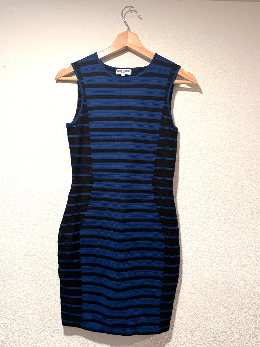 OPENING CEREMONY Sleeveless Striped Bodycon Mini Dress in Blue and Black